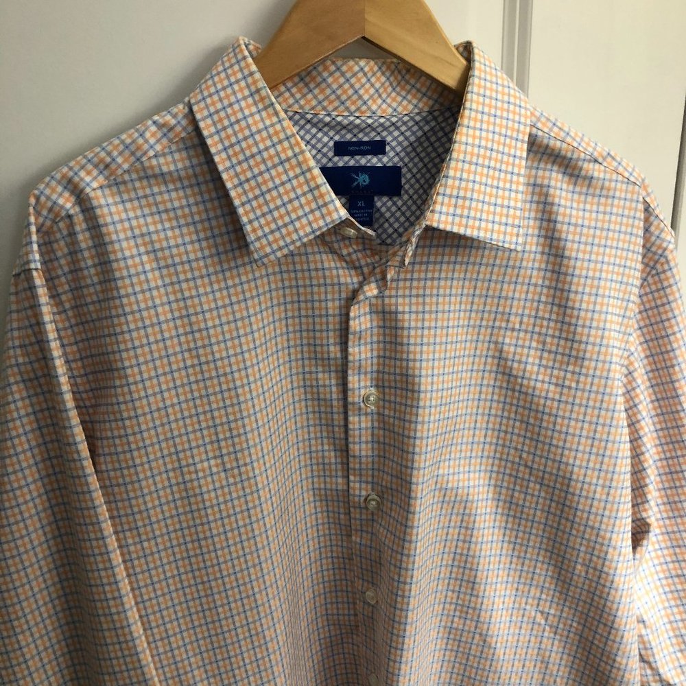 Men's XL White w Blue/Orange Grid Dress Shirt